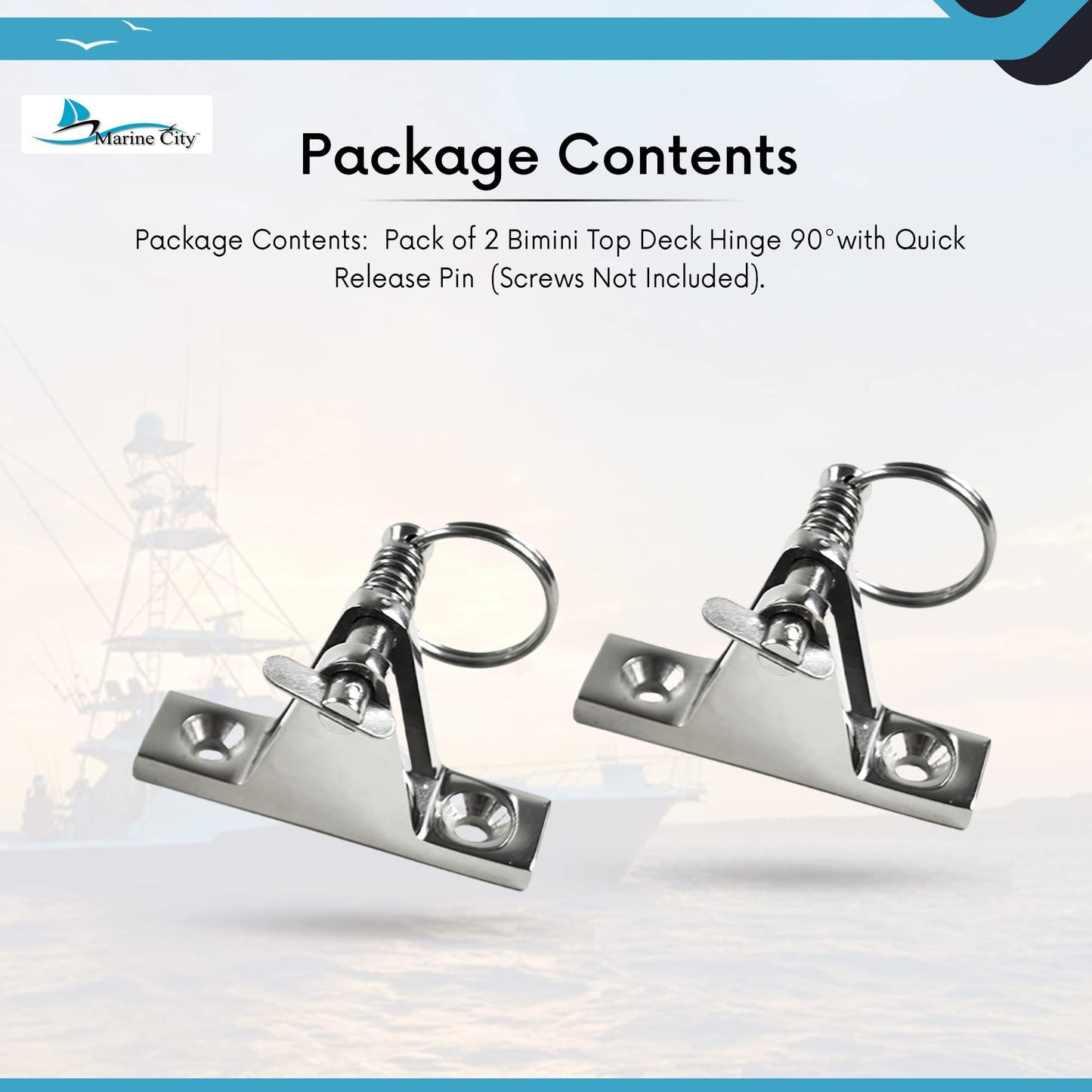 MARINE CITY Stainless Steel Bimini Top Hinge 90° w/ Quick-Release Pin (2 Pcs)