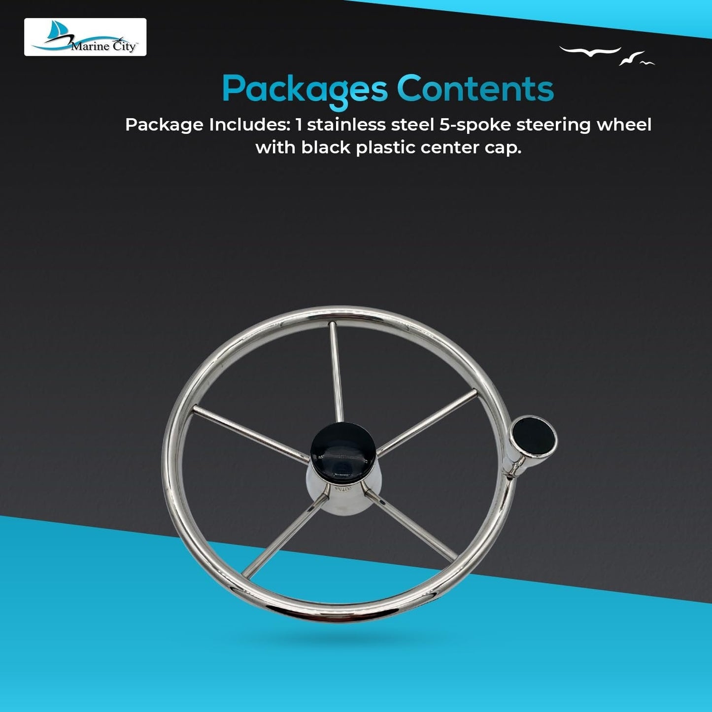 Marine City 5-Spoke Stainless Steel Steering Wheel – 13-1/2” Marine Helm Wheel MARINE CITY