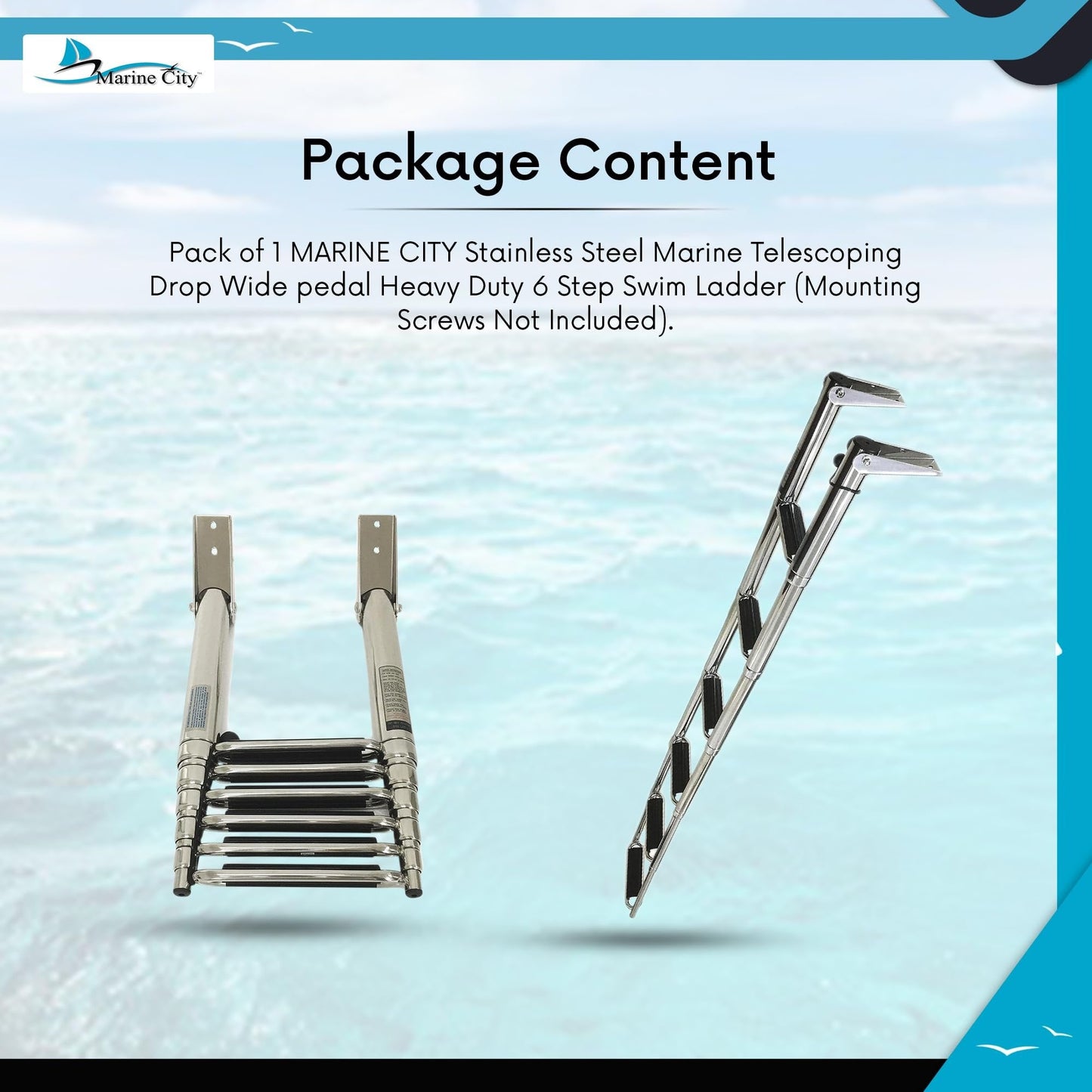 MARINE CITY 6-Step Telescoping Swim Ladder – 304 Stainless Steel, Wide Pedals MARINE CITY