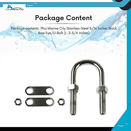Marine City Bow Eye U-Bolt, 5/16” 304 Stainless Steel, 2-3/4” Length, Heavy Duty
