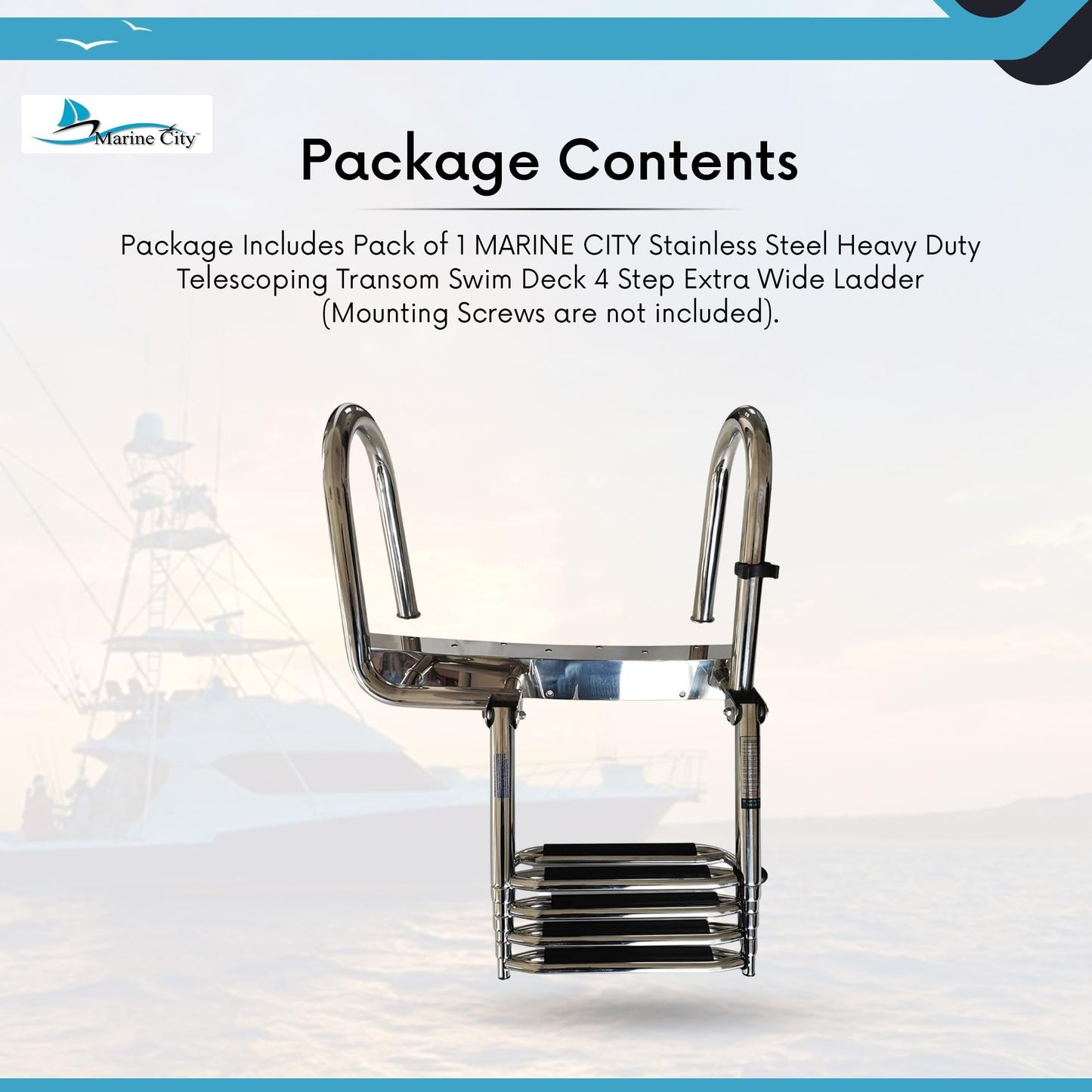 Marine City 4-Step Telescoping Boat Ladder – Stainless Steel, Extra Wide Steps Marine City