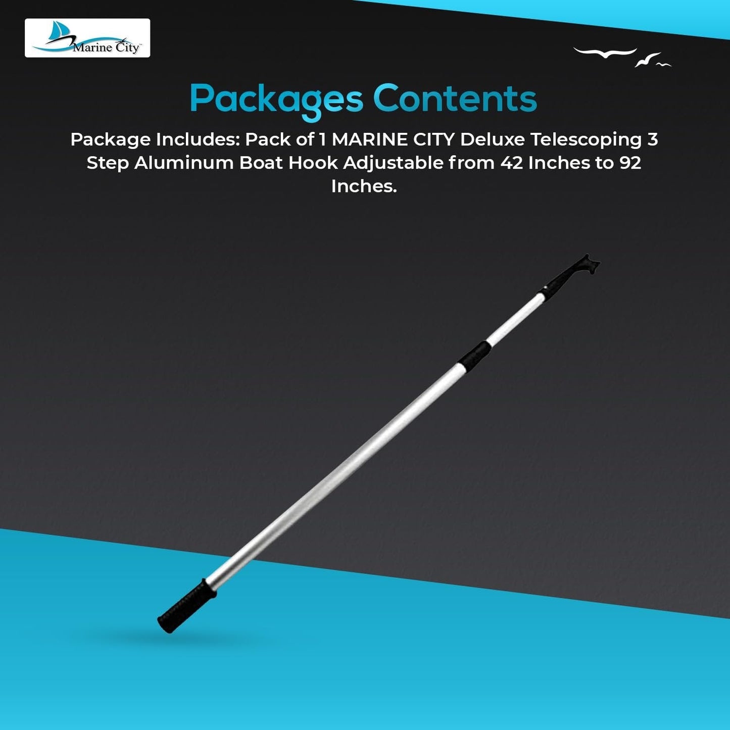 Marine City 3-Step Telescoping Boat Hook – Anodized Aluminum, Adjustable Marine City Hardware