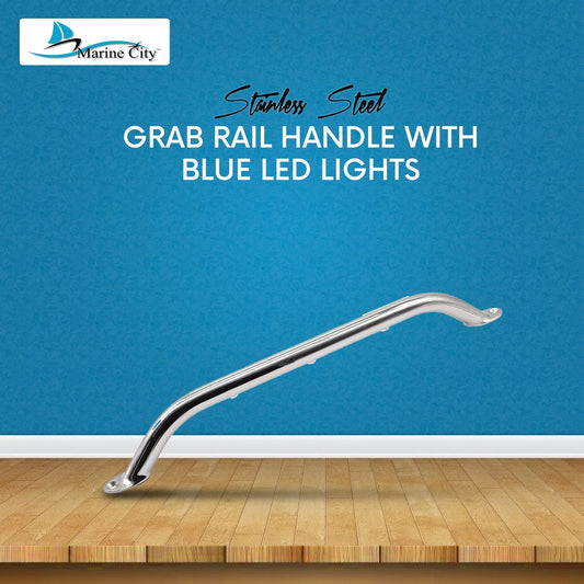 Marine City 18-Inch Grab Rail Handle with 3 Blue LED Lights–304 Stainless Steel