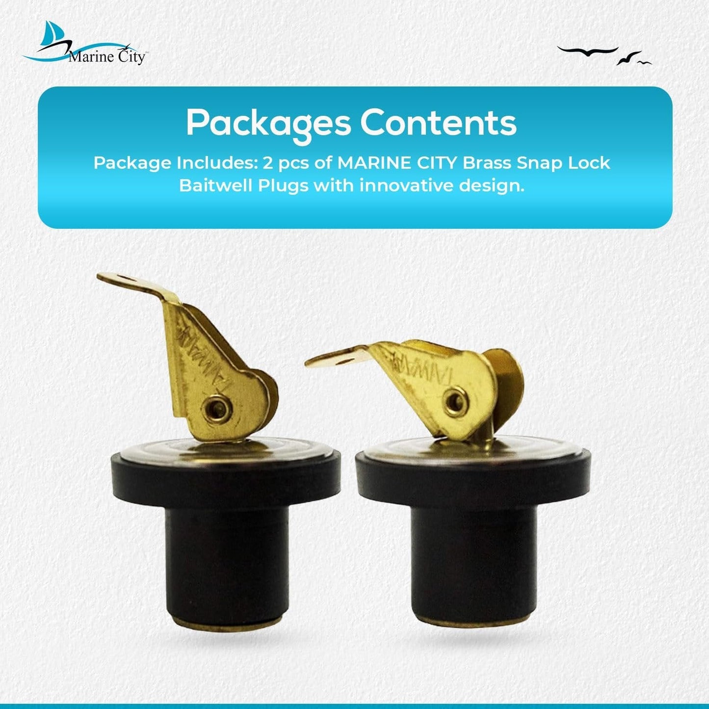 Marine City 5/8” Brass Snap Lock Baitwell Plugs – Drain Plug (Pack of 2) MARINE CITY