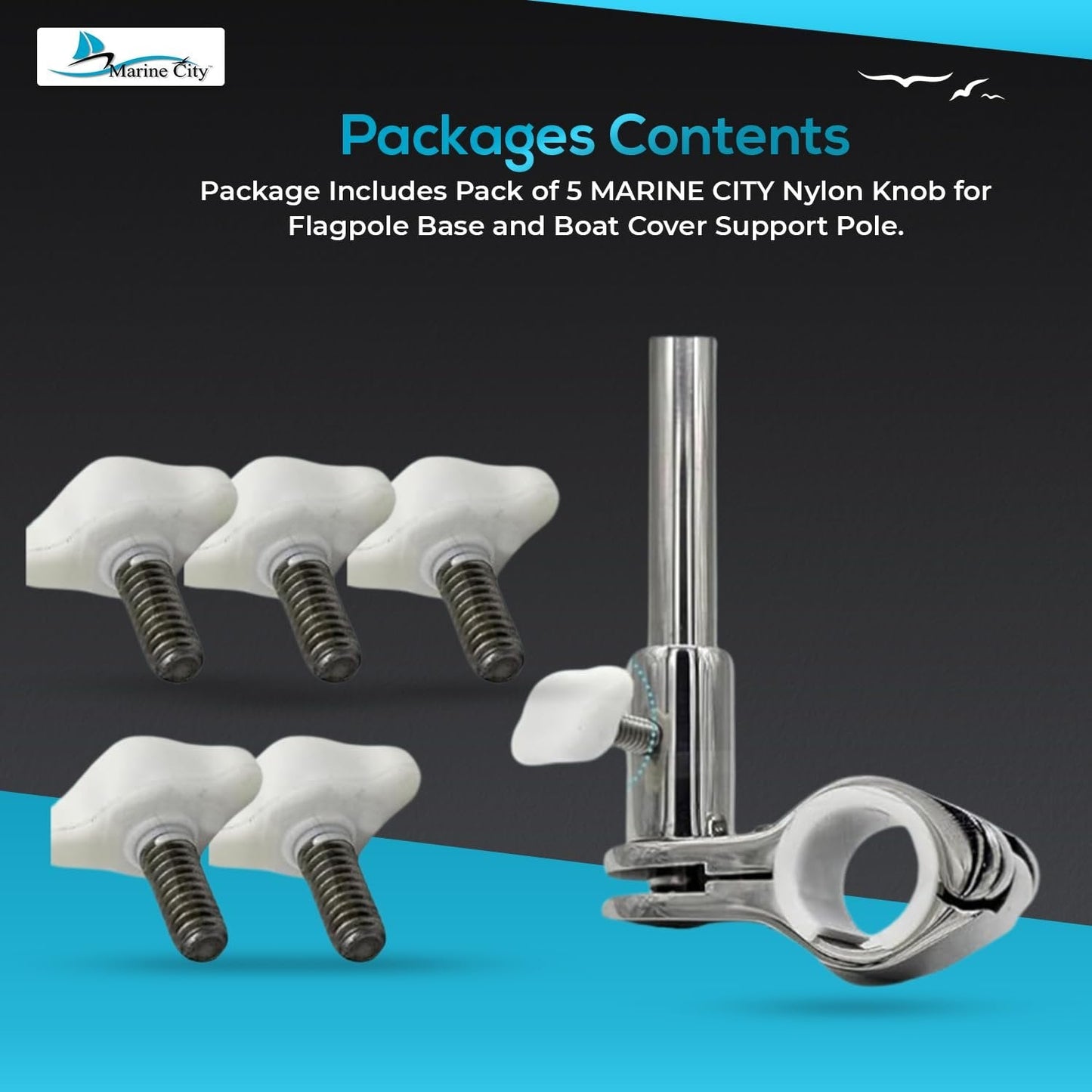 Marine City Flagpole Base Nylon Knobs & Cover Support with Stainless Steel Stud (5 Pcs) Marine City