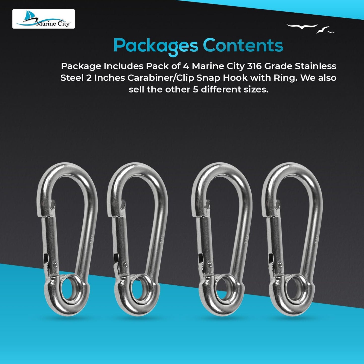 Marine City Carabiner Clip Snap Hook with Ring – 2-3/8” Stainless Steel (4 Pcs)