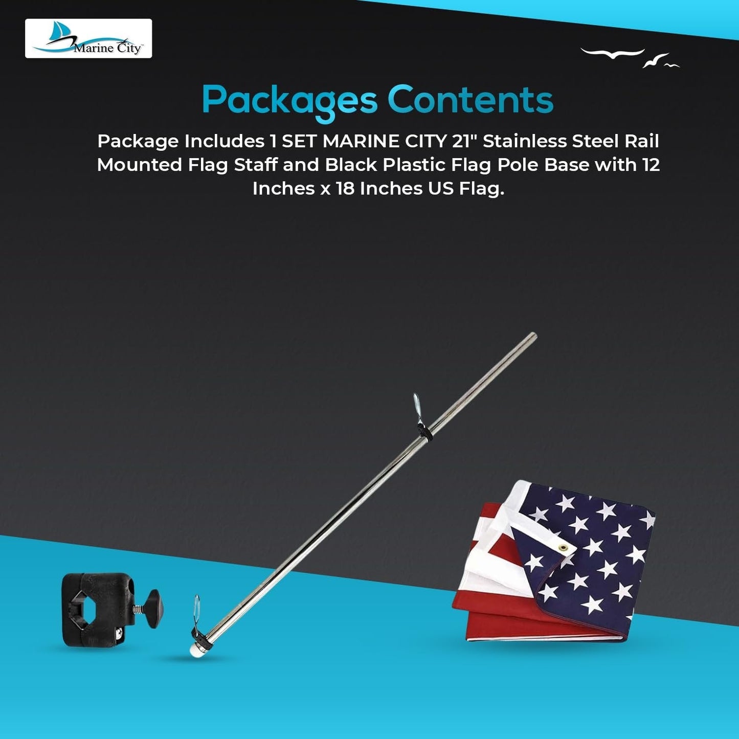 Marine City 21" Rail Mounted Flag Staff – 304 Stainless Steel, with US Flag Marine City