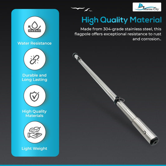 Marine City 30” 304 Stainless Steel Flagpole – 7/8” Diameter with 1” Socket End MARINE CITY