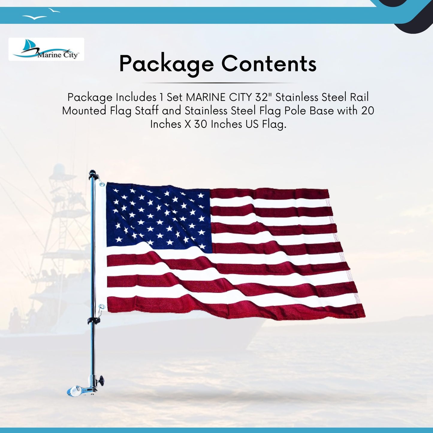 Marine City 32-Inch Flag Pole with 20x30” US Flag 304 Stainless Steel Rail Base