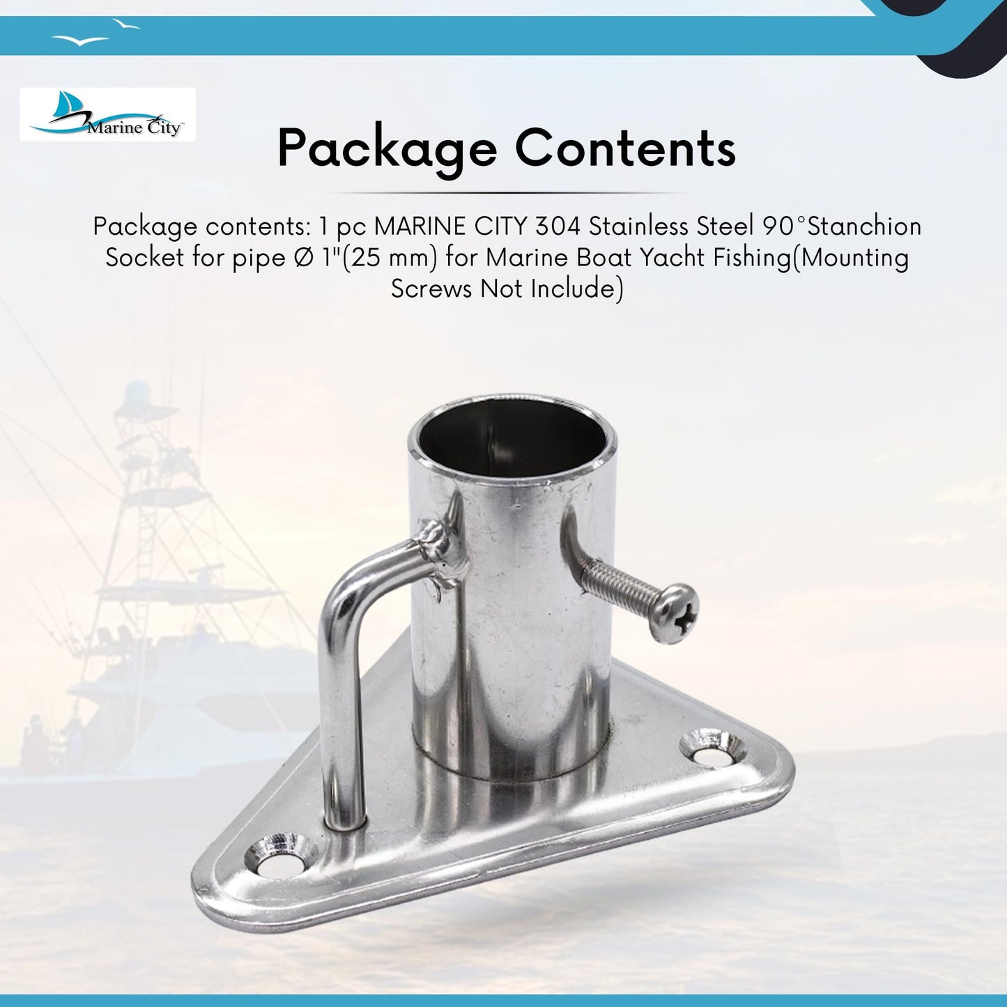 Marine City Toma de puntal de acero inoxidable 304 de 90° con base triangular y contrafuerte para tubo de Ø 1"(25 mm) para pesca en yate en barco marino