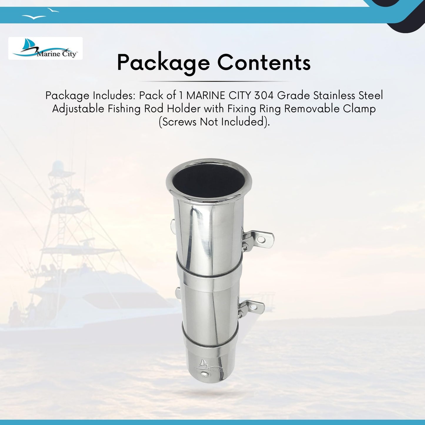 Marine City Adjustable Fishing Rod Holder Stainless Steel Clamp & Fixing Ring
