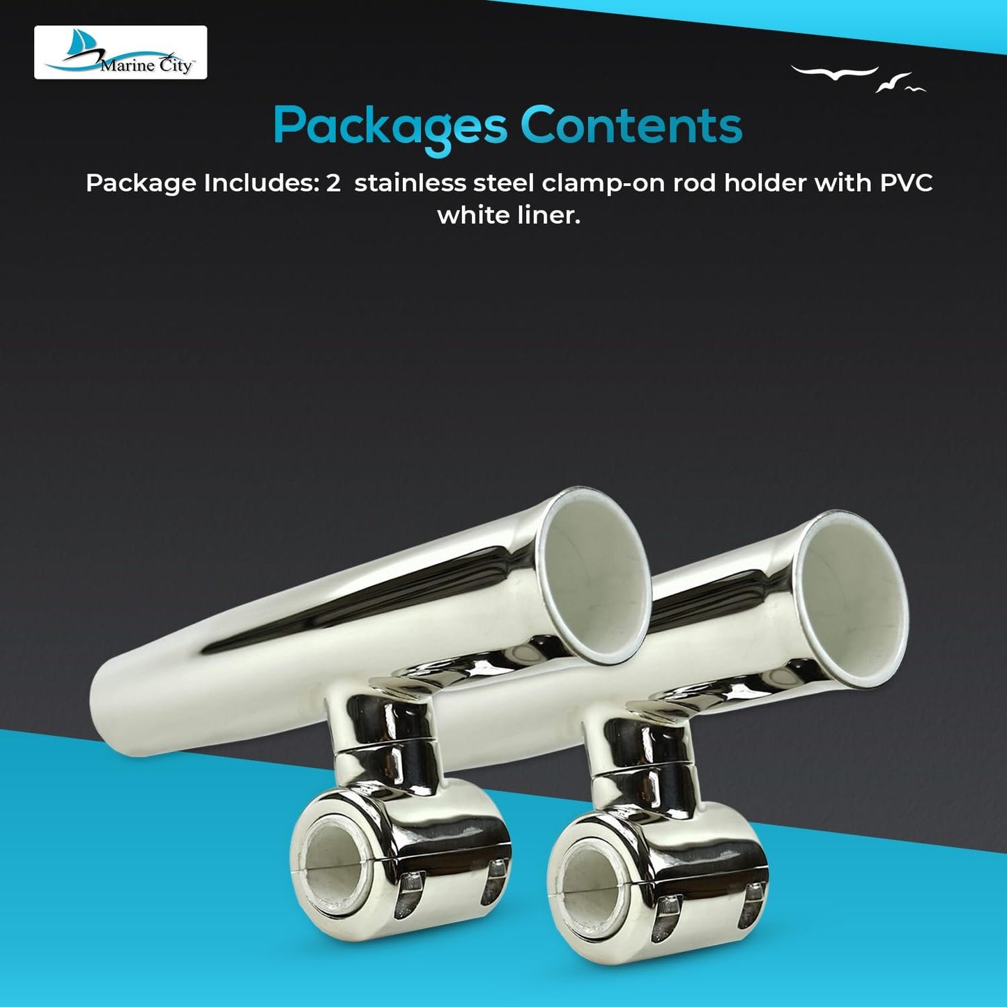 Marine City Adjustable Fishing Rod Holder – 304 Stainless Steel Clamp-On (2 Pcs)