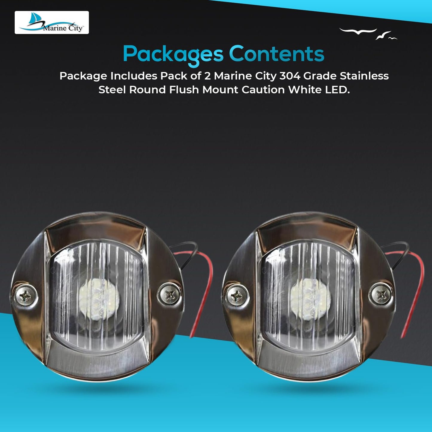Marine City Flush Mount White LED Caution Light 18W, Stainless Steel (Pack of 2)
