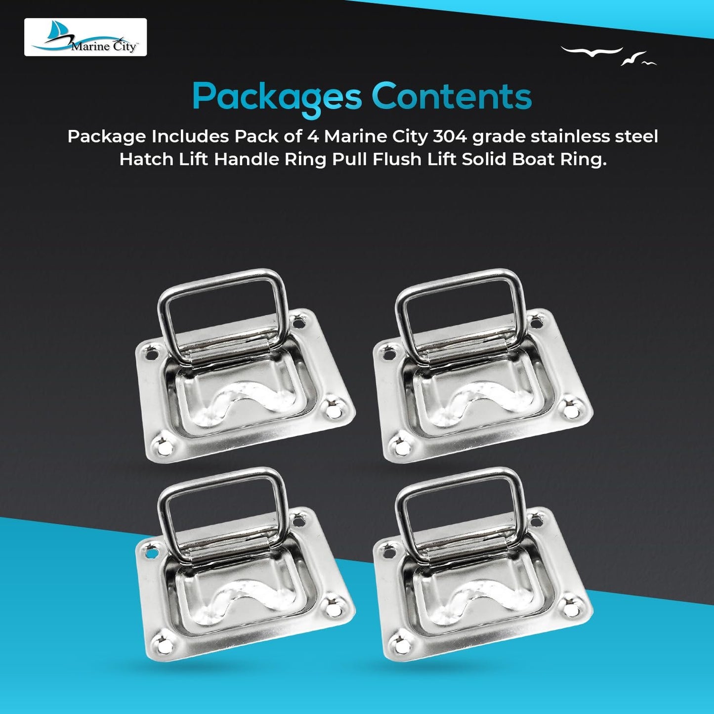 Marine City Tirador de anillo/manija de elevación de escotilla de acero inoxidable de 3” × 2-1/4” (4 piezas)