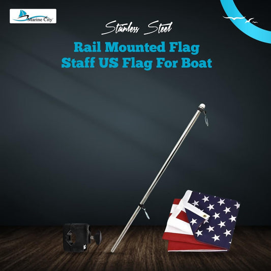 Marine City 21" Rail Mounted Flag Staff – 304 Stainless Steel, with US Flag Marine City