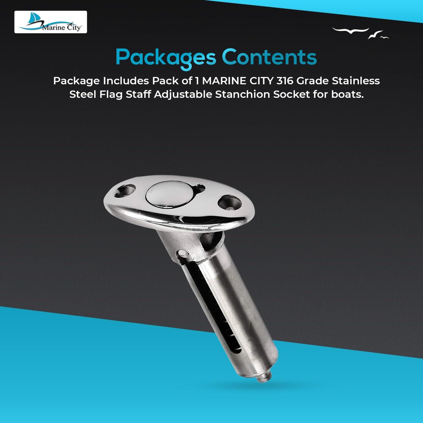 Marine City Flag Staff Adjustable Stanchion Socket – 316 Stainless Steel