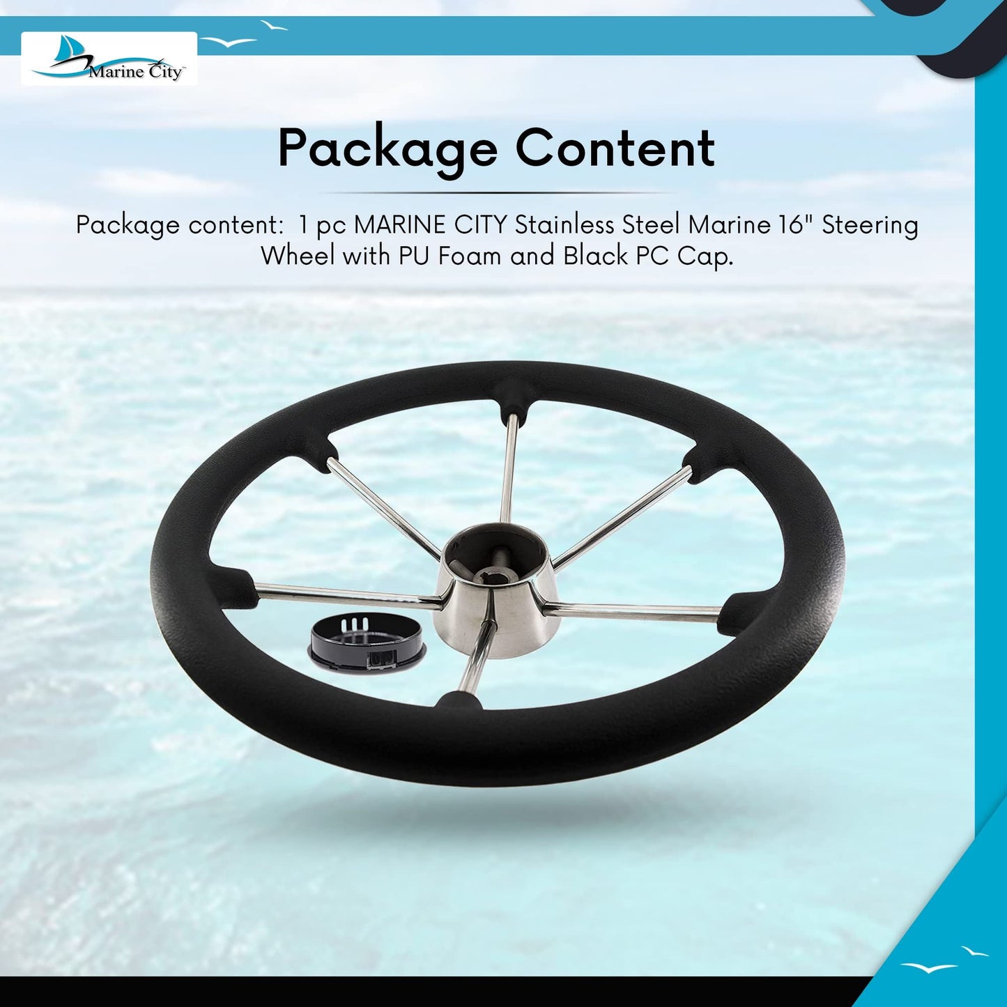 Marine City Volante marino de acero inoxidable de 16" con espuma de PU y tapa de PC negra