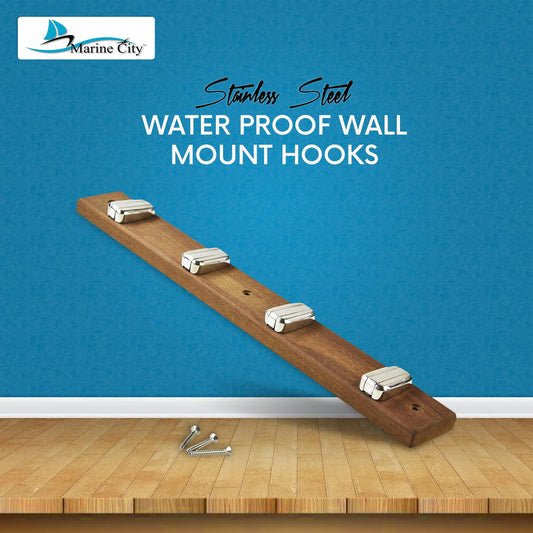 Marine City Teak Base Wall Mount 4-Hook Rack – Heavy Duty 316 Stainless Steel