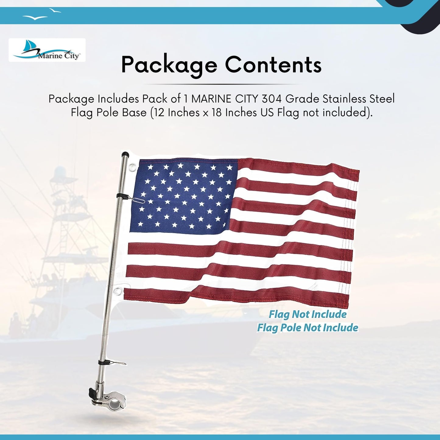 Marine City 304 Stainless Steel Flag Pole Base Fits 7/8” & 1” Rails for Boats