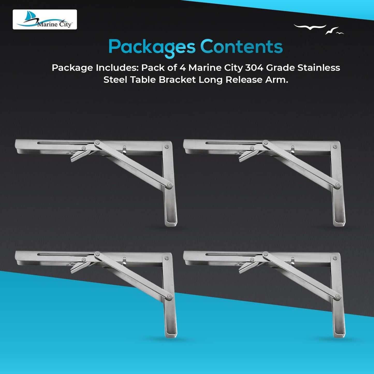 Marine City 304 Stainless Steel Folding Table Bracket – 12” Long Release Arm