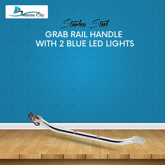 Marine City 16-Inch Grab Rail Handle with 2 Blue LED Lights–304 Stainless Steel Marine City