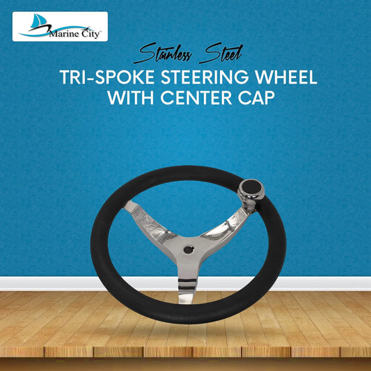 MARINE CITY 3-Spoke Steering Wheel with Knob – 13-1/2” 316 Stainless Steel