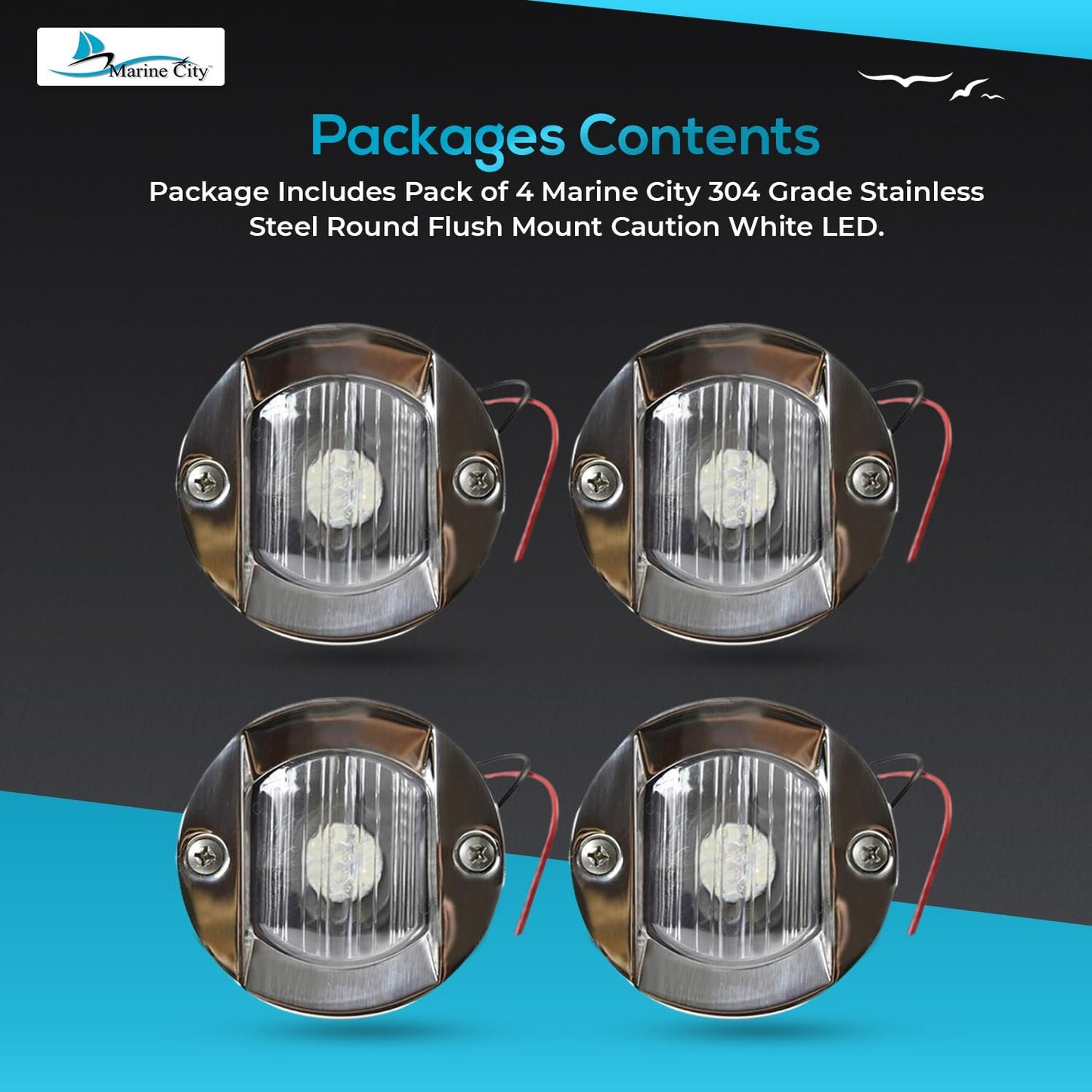 Marine City Flush Mount White LED Caution Light 18W, Stainless Steel (Pack of 4)