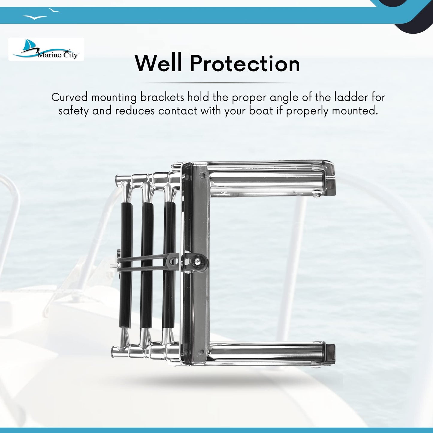 Marine City Escalera de baño telescópica marina de acero inoxidable de 3 escalones y correa de goma
