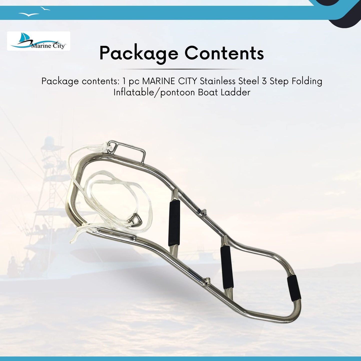 Marine City Escalera para barco inflable/pontón plegable de 3 escalones de acero inoxidable