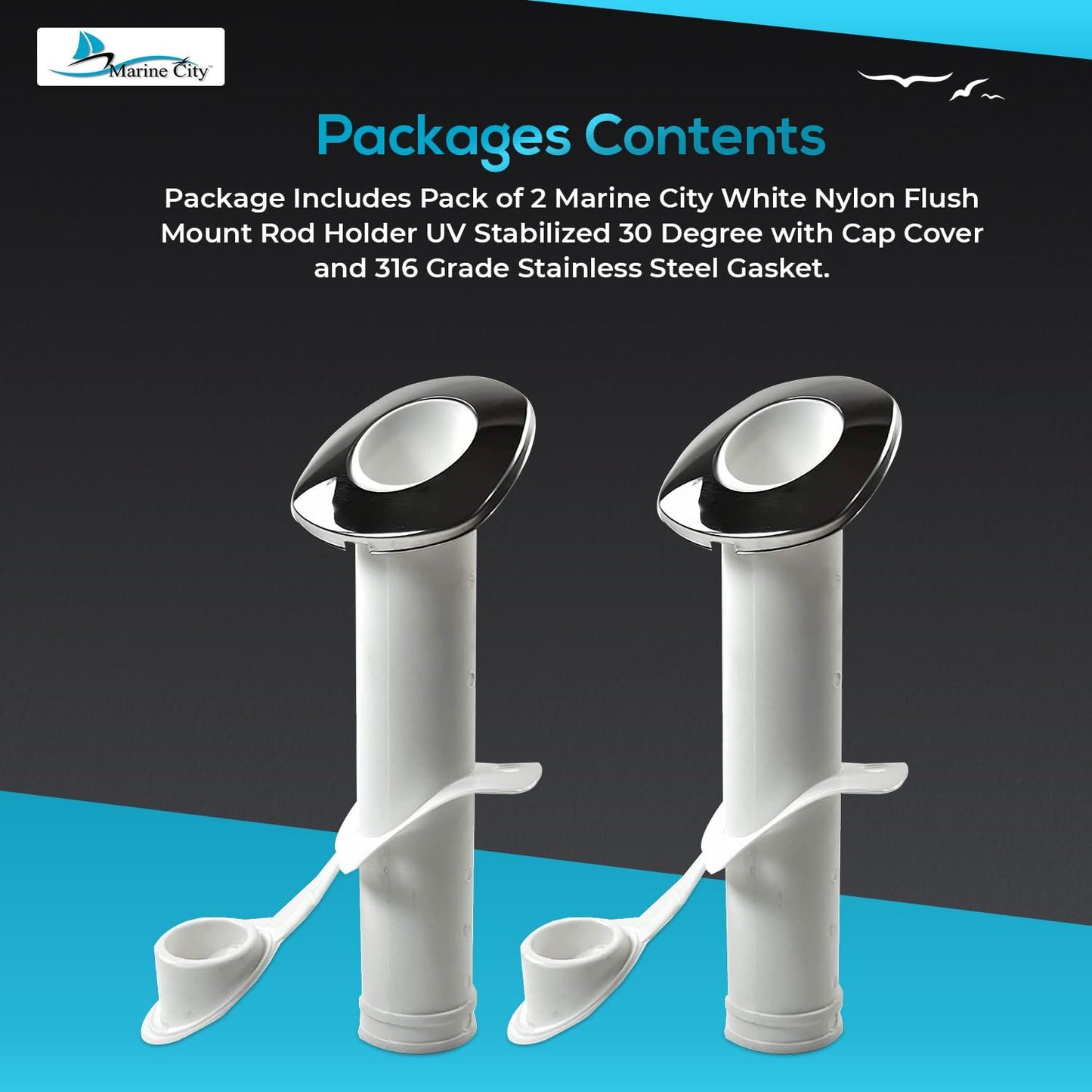 MARINE CITY White Nylon Flush Mount Rod Holder – UV Stabilized 30° (Pack of 2)