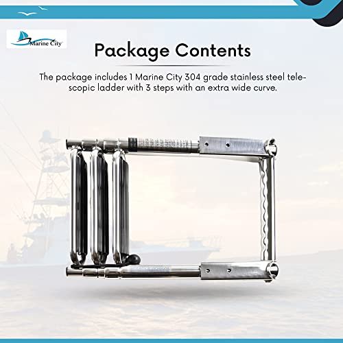 Marine City Escalera telescópica de 3 escalones de acero inoxidable 304 con escalones curvos extra anchos y pasarela equipada para barcos y yates