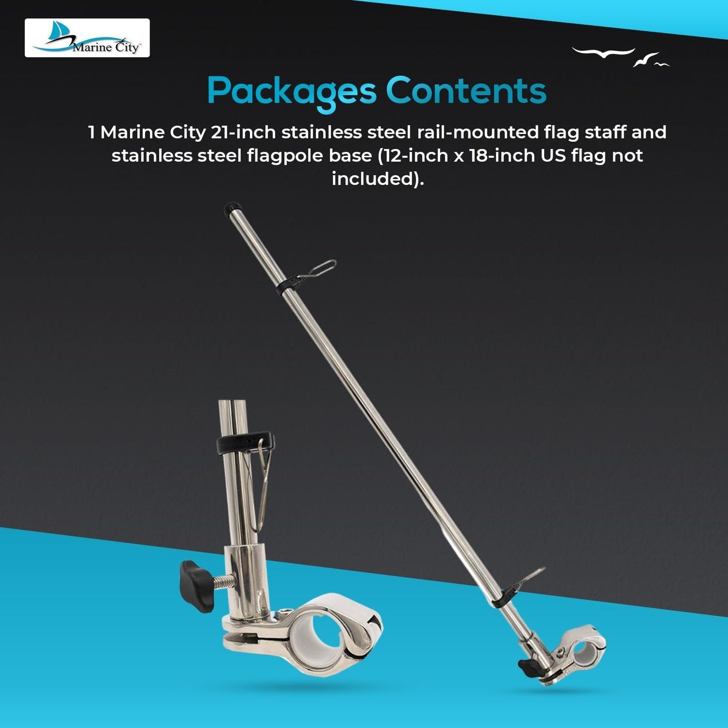 Marine City 21-Inch Rail-Mounted Flag Pole – Rust-Resistant 304 Stainless Steel Marine City