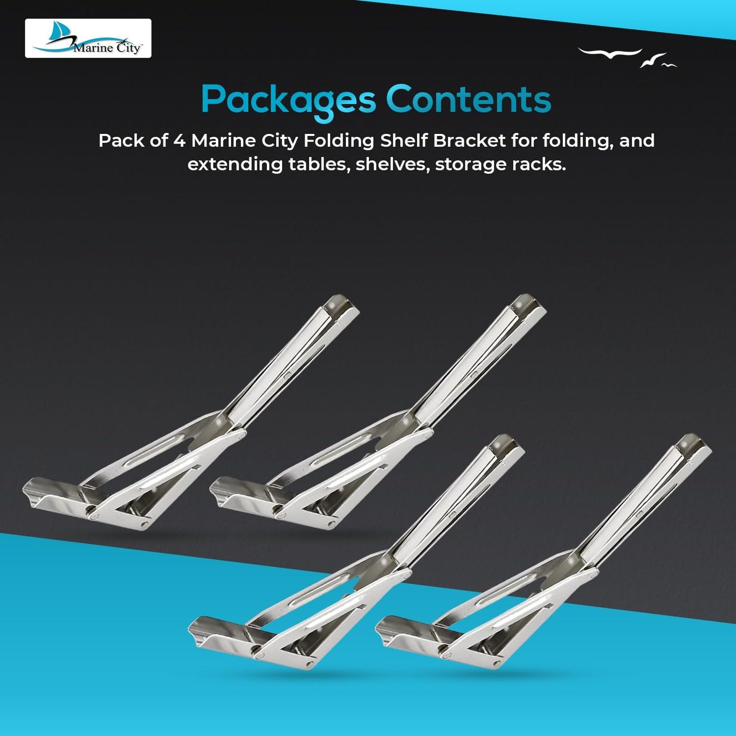 Marine City 304 Stainless Steel Folding Shelf Bracket – 12” Long Arm, Heavy Duty Marine City Hardware