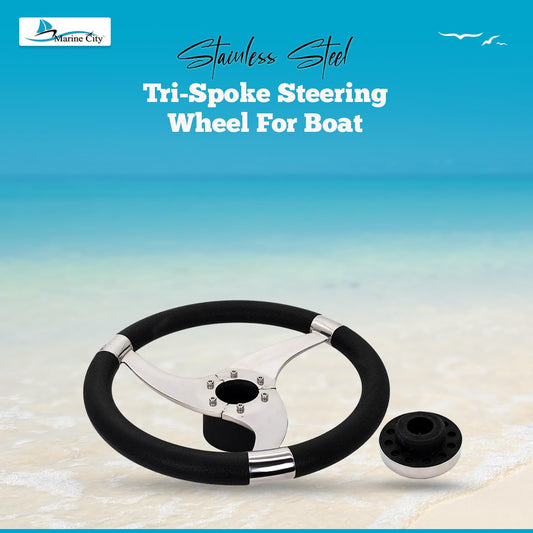Marine City Tri-Spoke Steering Wheel, Stainless Steel, 13-1/2" with PU Foam Grip