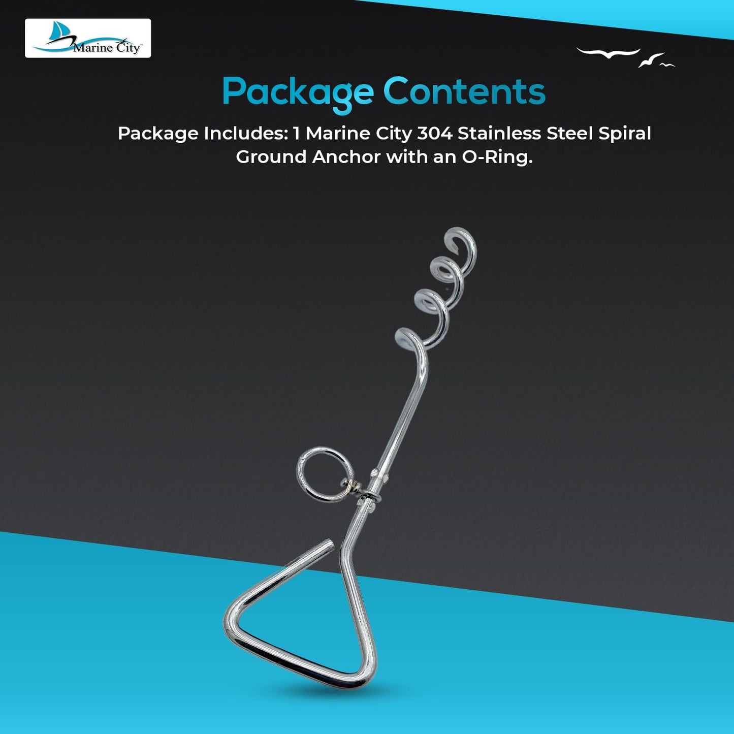 MARINE CITY Ground Anchor with O-Ring, 304 Stainless Steel, 18-inch Spiral Design for Boat Mooring, Tents, and Beach Use