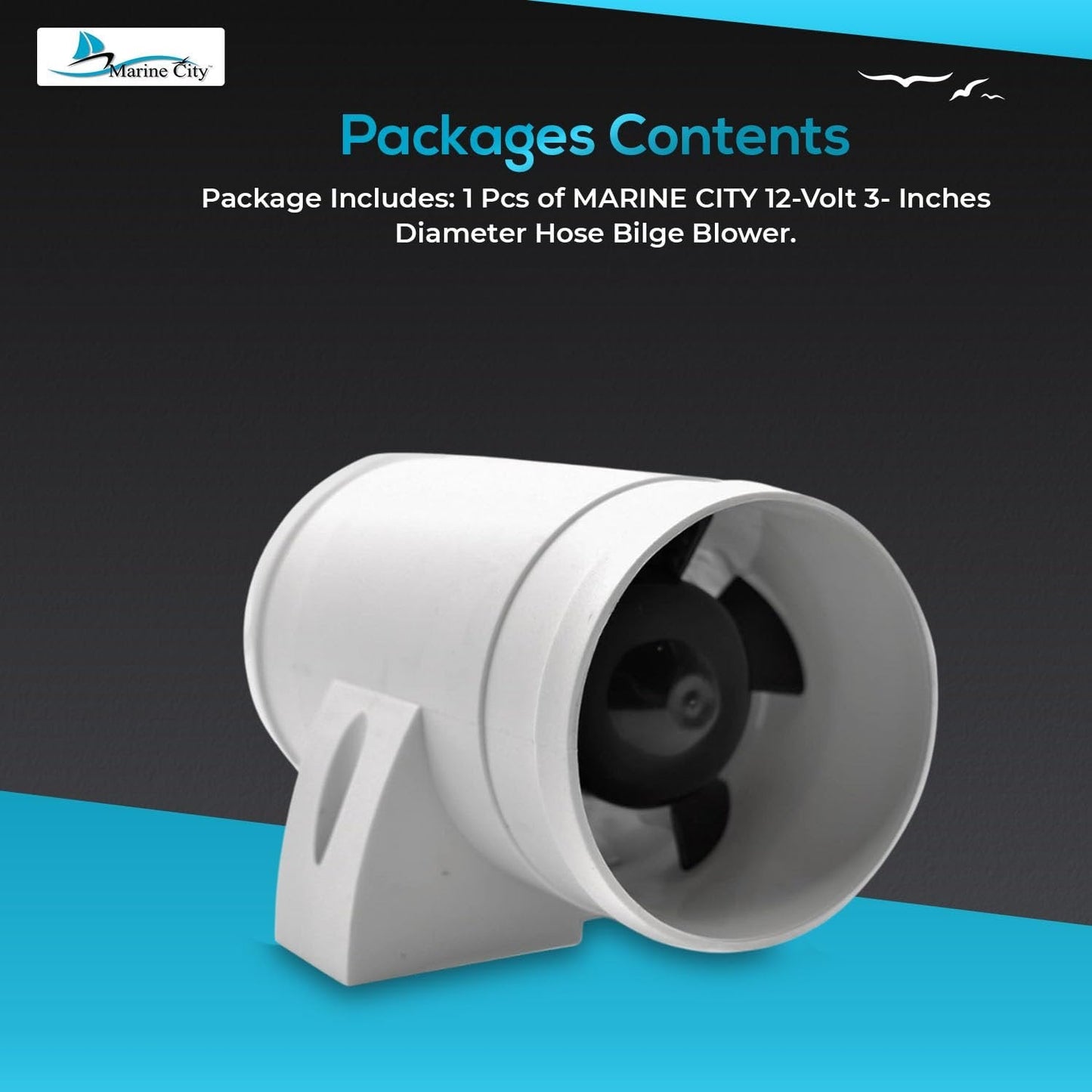 Marine City 12V 3-Inch Hose Bilge Blower – Injection Molded ABS, 158 CFM Marine City