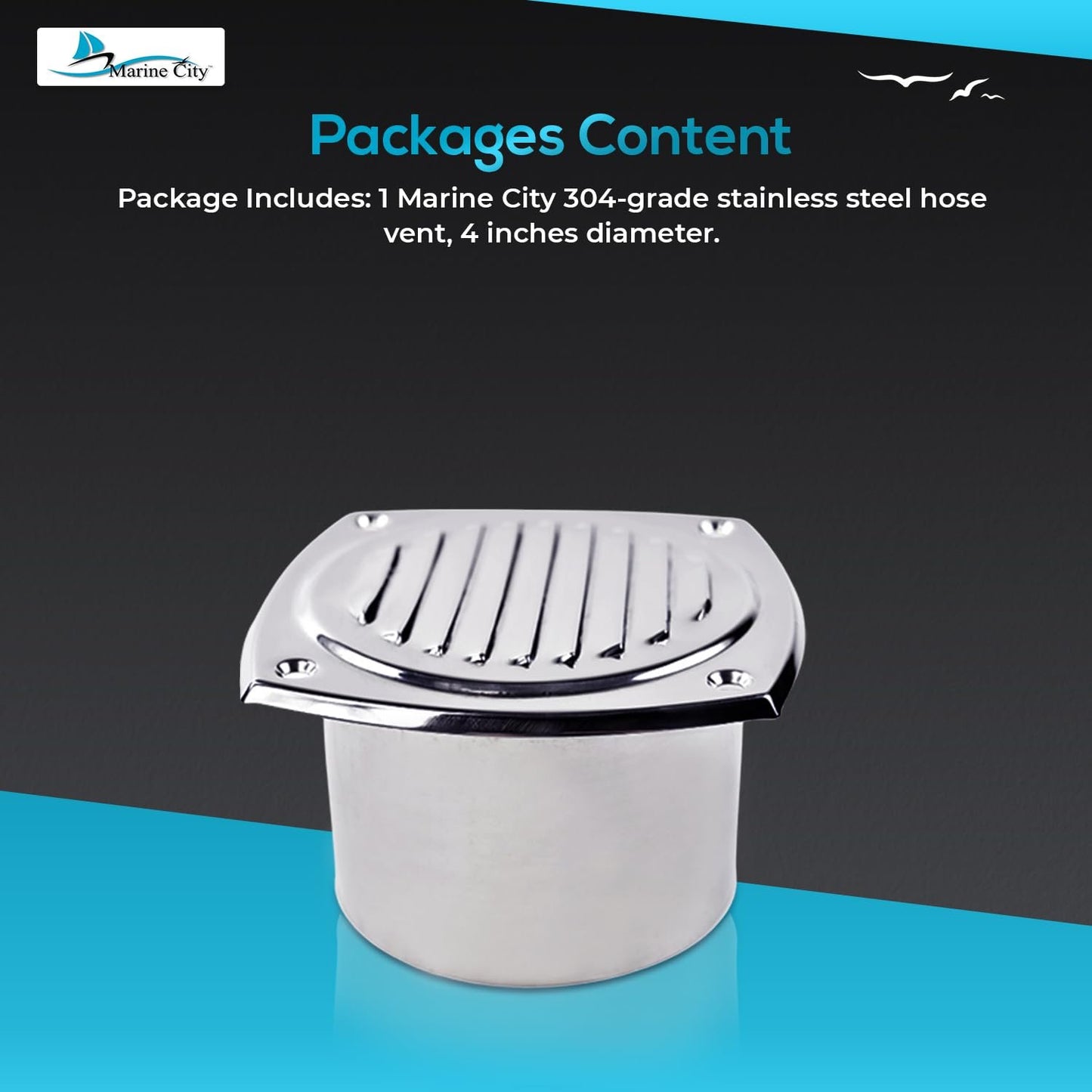 Marine City 304 Stainless Steel Hose Vent, 4” Diameter, Polished Louvered Design