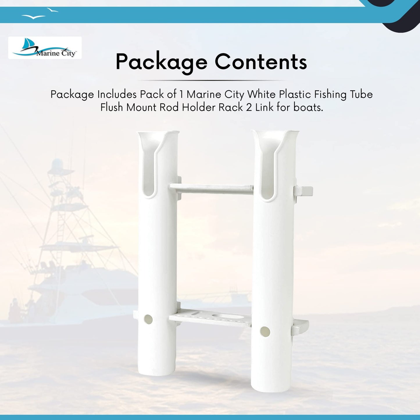 Marine City White Plastic Flush Mount Fishing Rod Holder Rack – 3 Link, 12” Tube