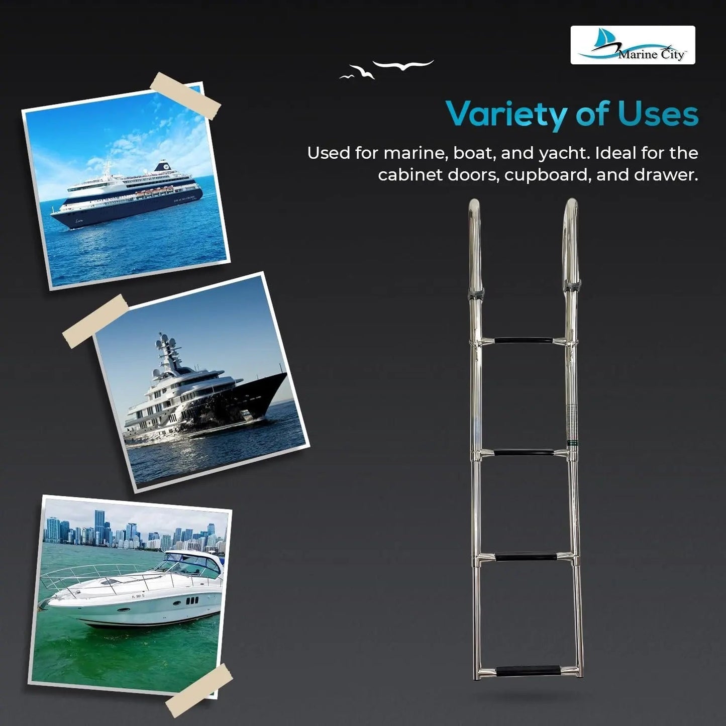 Marine City 4-Step Stainless Steel Transom Ladder – Ladder with Wide Steps MARINE CITY