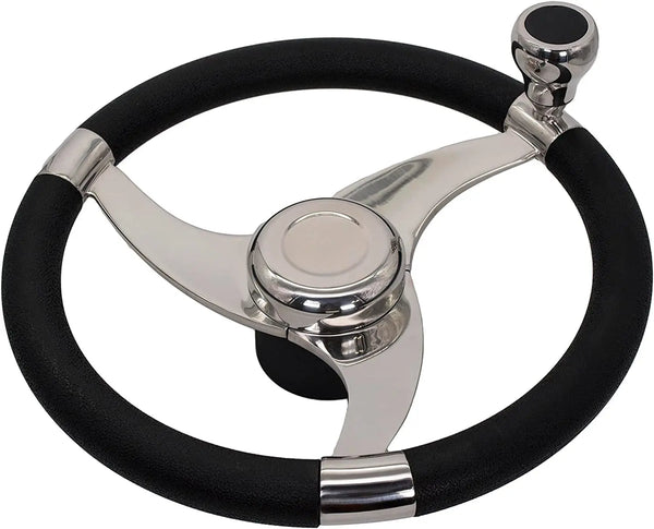 MARINE CITY Marine Boat Polished 316 Stainless Steel Sports style Tri-Spoke Design Steering Wheel with Stainless steel Center Cap / Knob / PU Foam 13-1/2" Diameter - 3/4" Tapered Shaft - Image #1