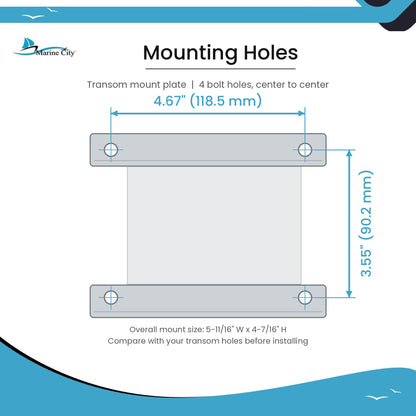 Marine City outboard motor bracket mounting hole dimensions: 4.67 in (118.5 mm) x 3.55 in (90.2 mm) center to center