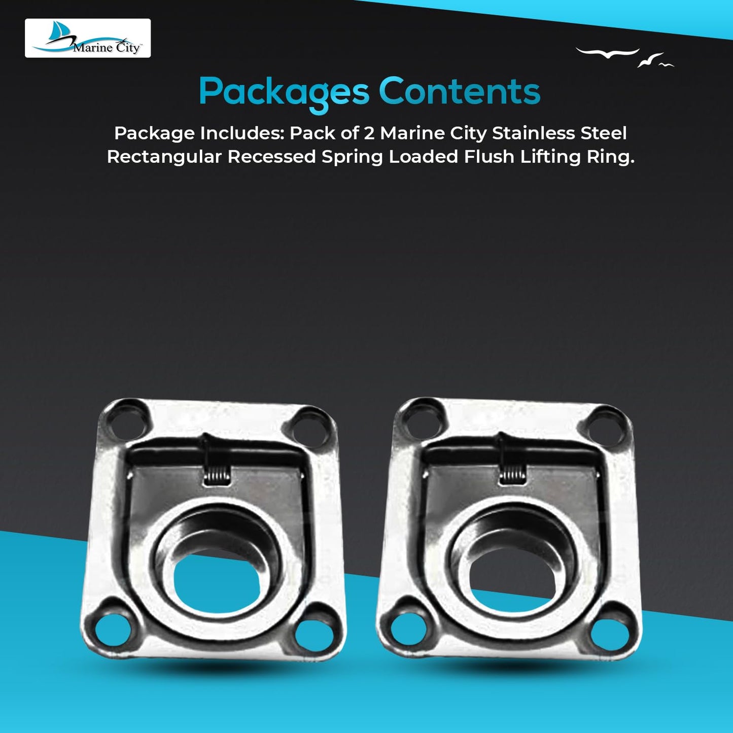 Marine City Anillo de elevación rectangular empotrado con resorte de acero inoxidable de 1-3/4" × 1-1/2" × 3/8" para escotilla de barco (1 unidad) 