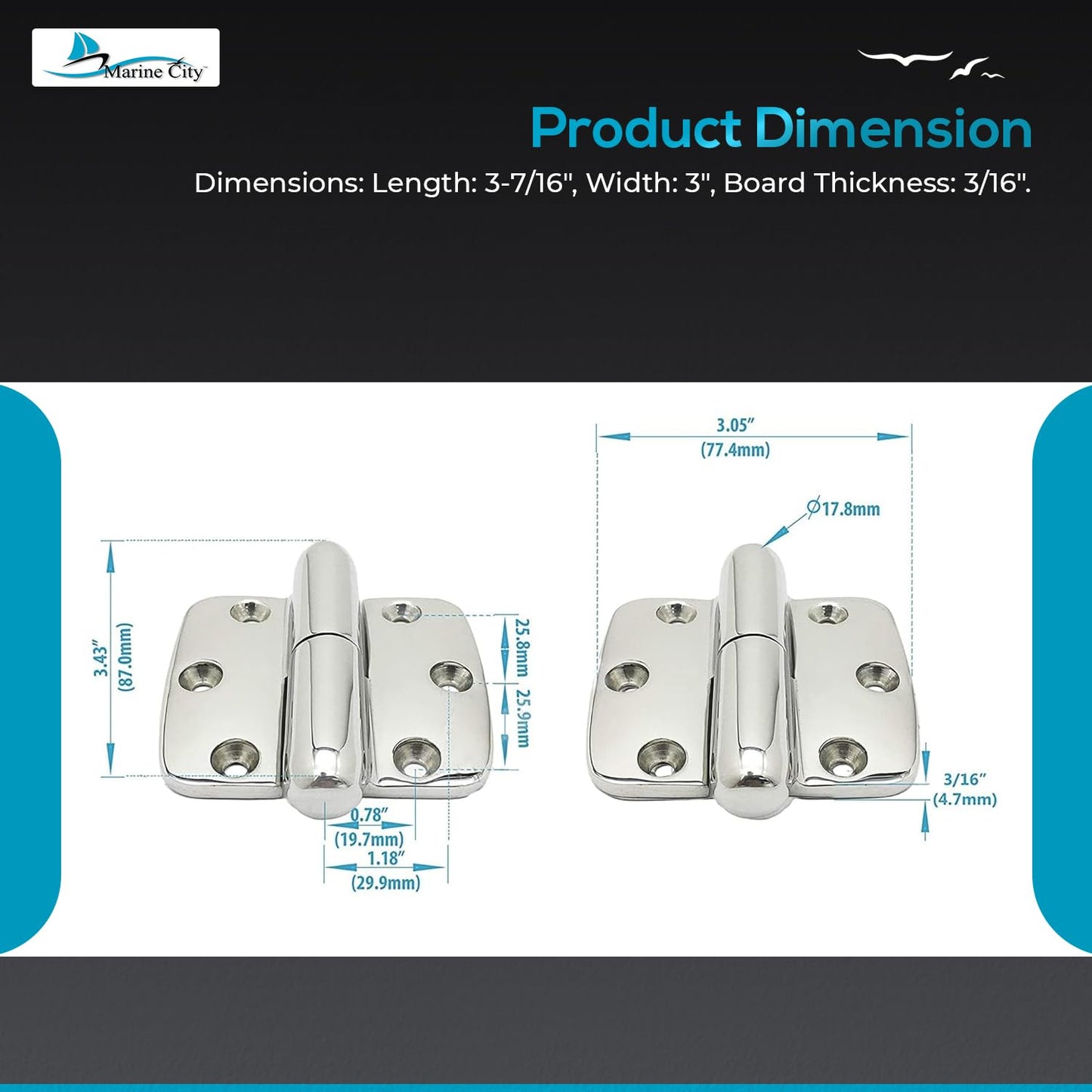Marine City Boat Accessories Hinges Cabinet Door Hinges (Pack of 2) Marine City
