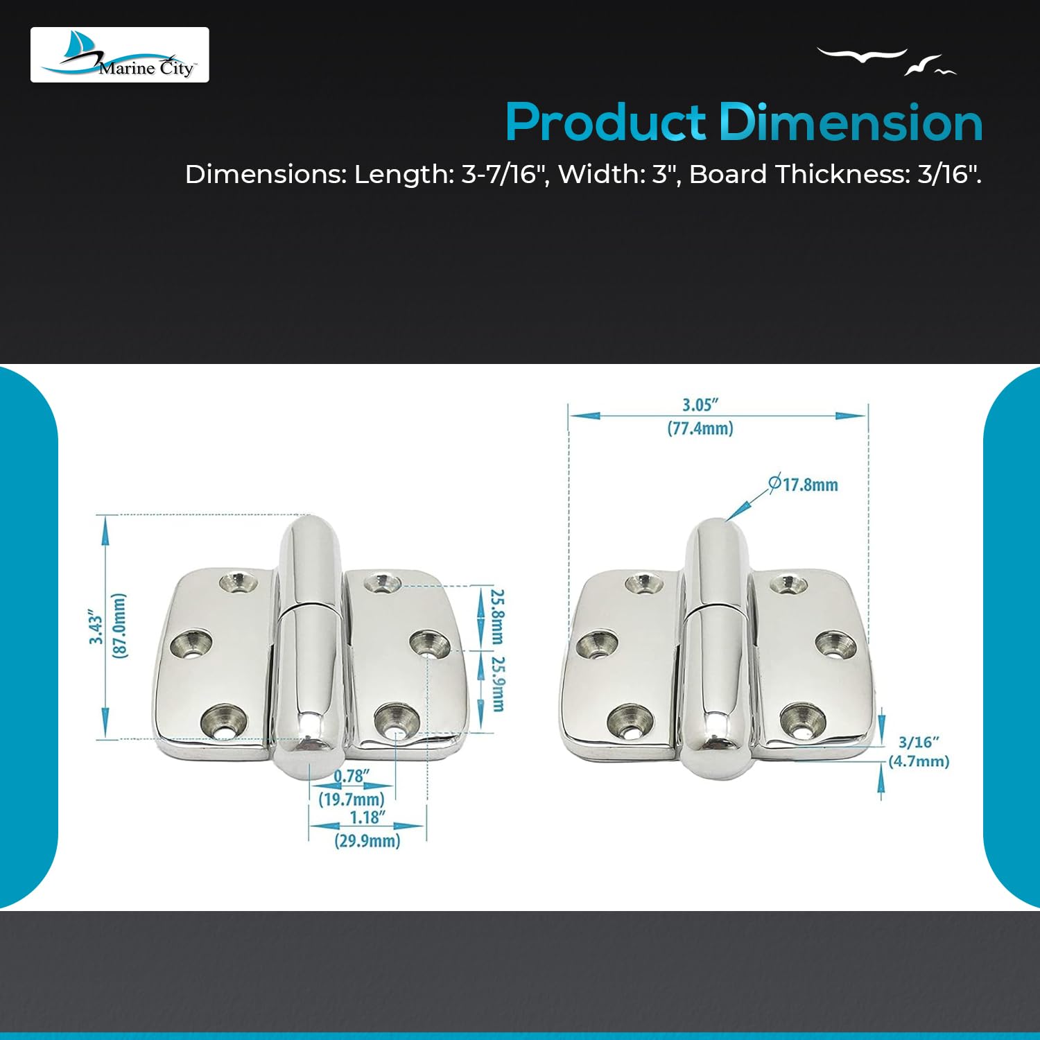 Marine City Boat Accessories Hinges Cabinet Door Hinges (Pack of 2) Marine City