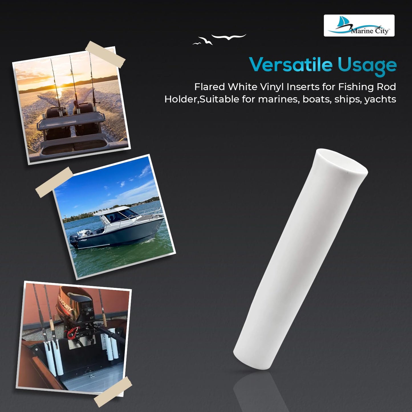 White flared vinyl insert for fishing rod holder with images of marine vehicles and 'Marine City' branding.