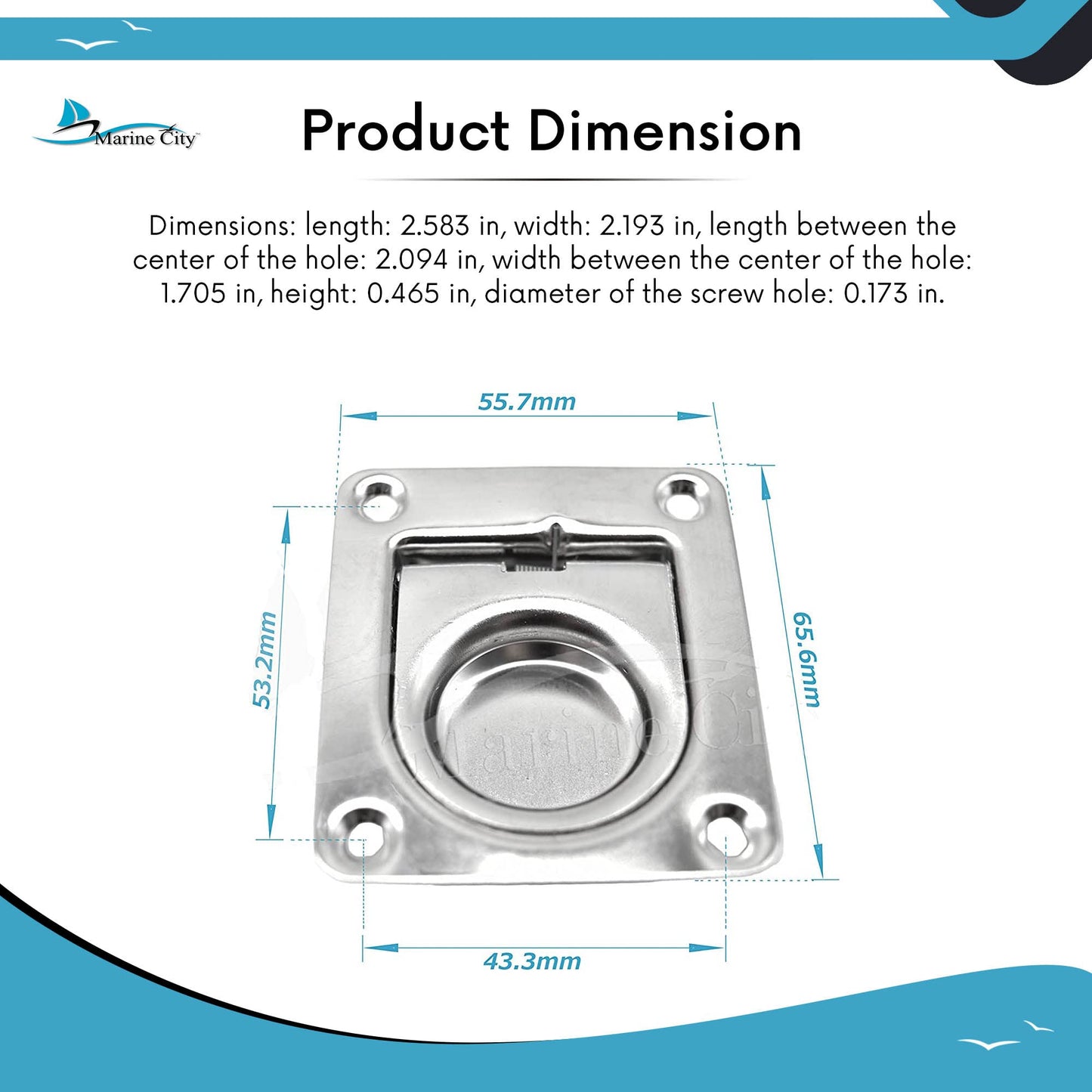 Marine City Anillo de elevación empotrado rectangular de acero inoxidable de 2-9/16" × 2-3/16" × 1/2" para escotilla de barco (1 unidad) 