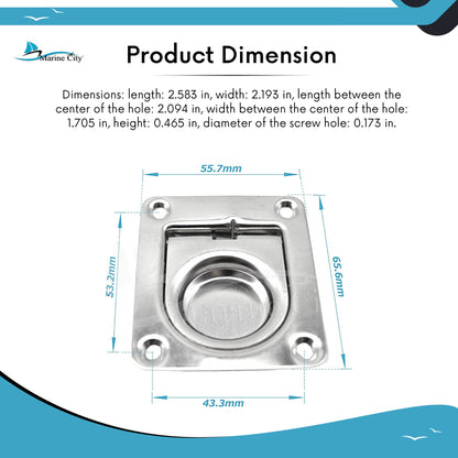Marine City Anillo de elevación empotrado rectangular de acero inoxidable de 2-9/16" × 2-3/16" × 1/2" para escotilla de barco (1 unidad) 