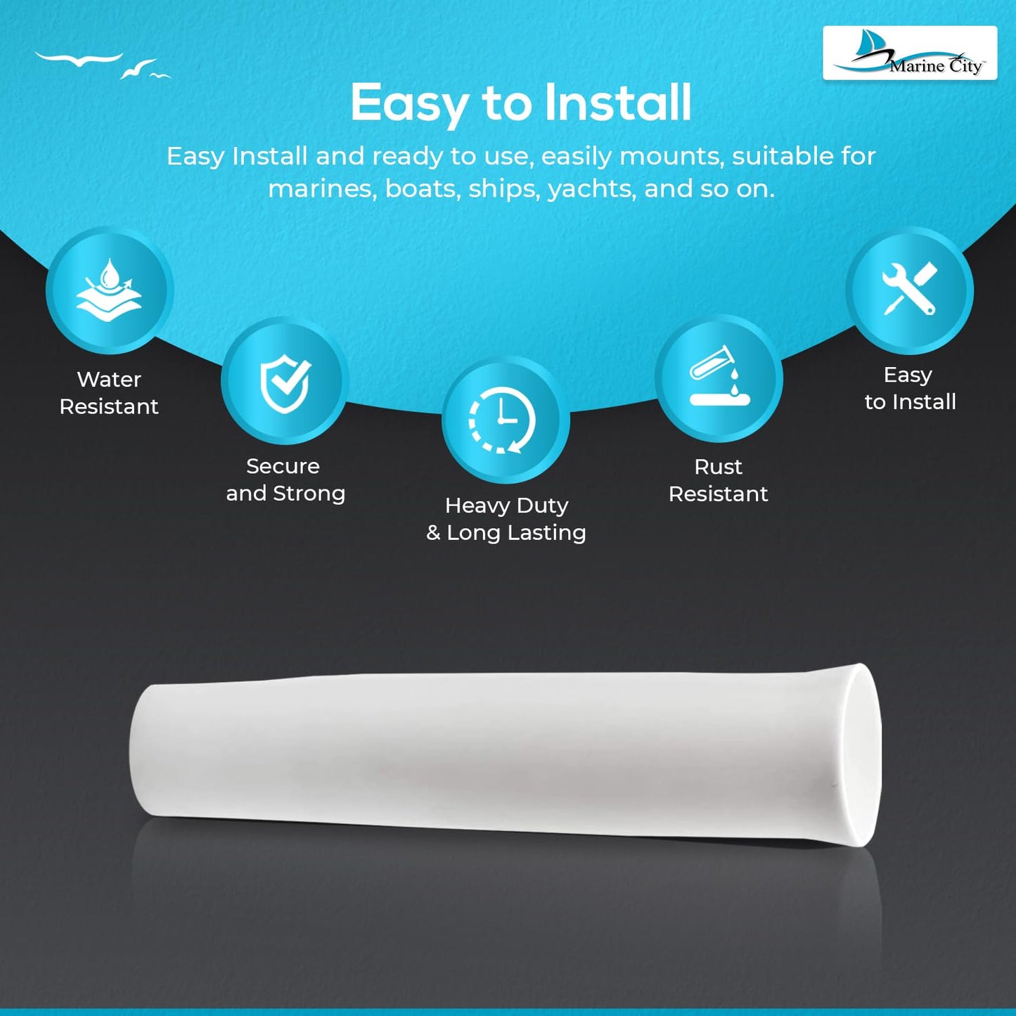 Product advertisement with features like water resistance, secure mounting, heavy duty, rust resistance, and easy installation on a blue and black background.