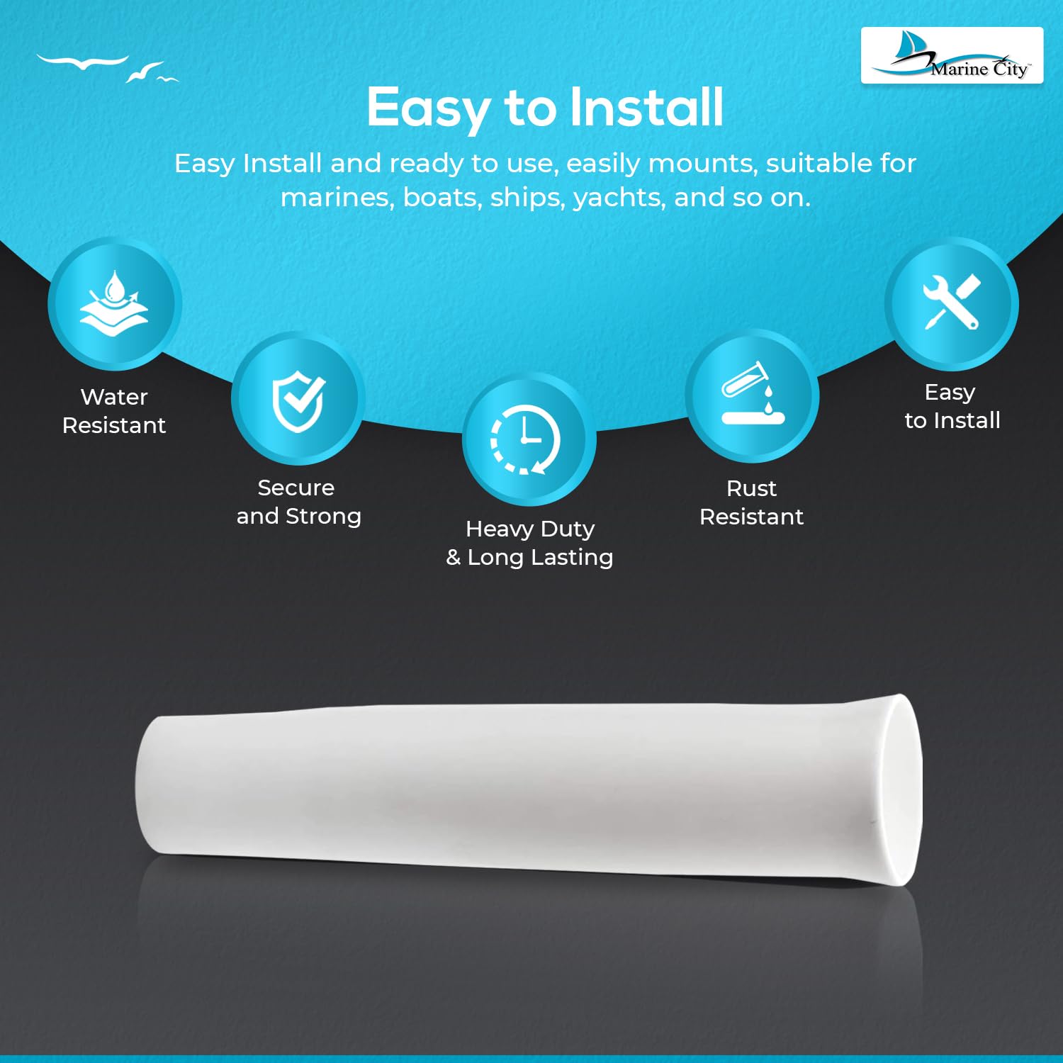Product advertisement with features like water resistance, secure mounting, heavy duty, rust resistance, and easy installation on a blue and black background.