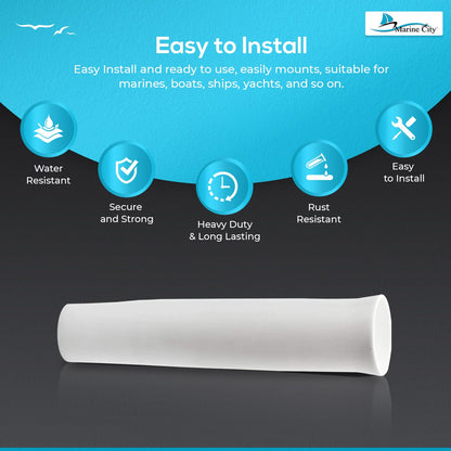 Product advertisement with features like water resistance, secure mounting, heavy duty, rust resistance, and easy installation on a blue and black background.